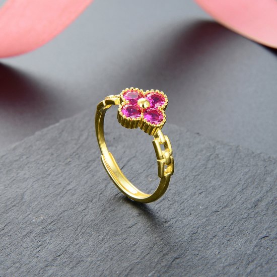 Ruby Birthstone Rhodium Flower Silver Ring - Click Image to Close
